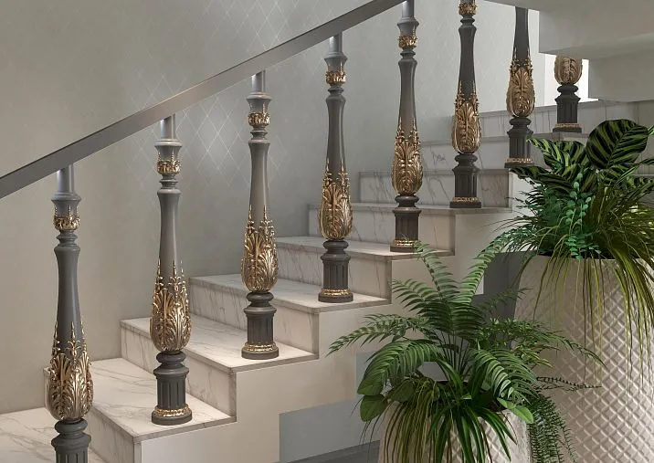 Wooden stair baluster L-103 combined with handrails and posts