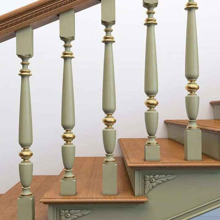 Staircase baluster made of wood L-020 against a wooden staircase background