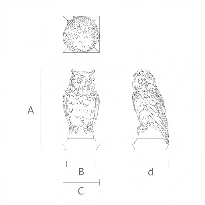 Owl on wooden stair post finial L-064-2 made of oak or beech &mdash; drawing