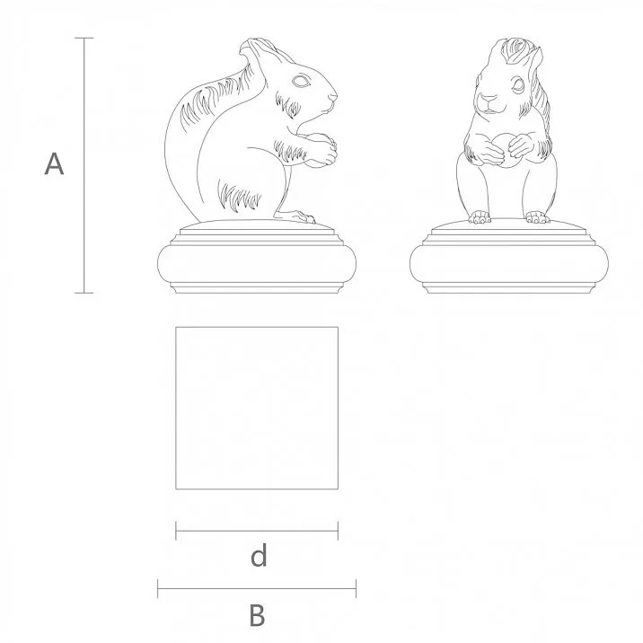 Finial on post L-066 in the form of a ball or pinecone with a squirrel drawing