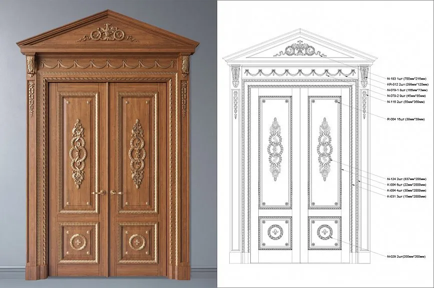 Wooden double door with carved decoration and technical drawing with dimensions of decorative elements