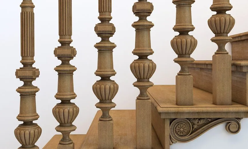 Carved elements and grooves on balusters of staircase RLE-014