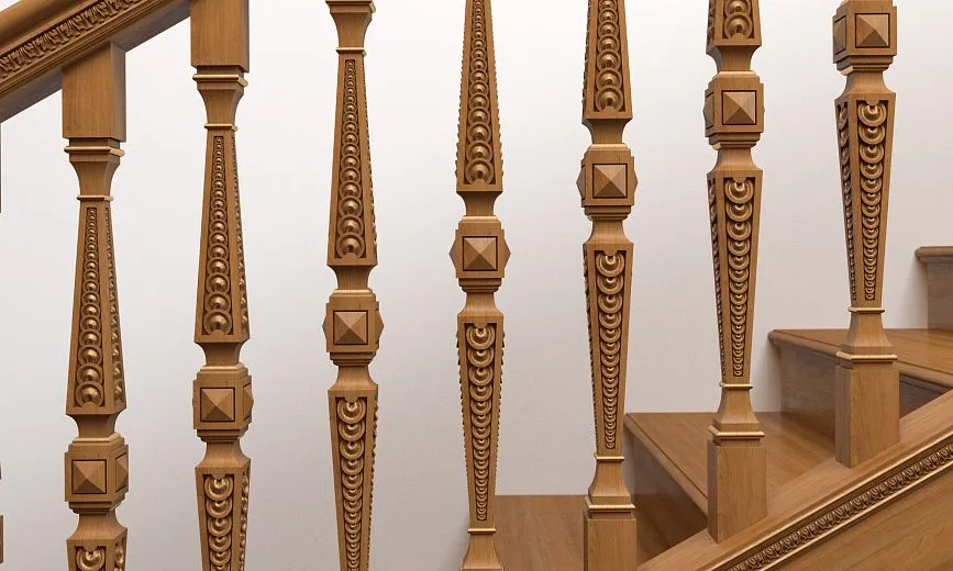 Detailed image of carved balusters and posts of staircase RLE-029 with clear geometry.