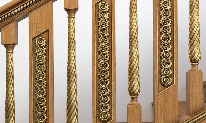 Close-up of balusters with gilded elements on staircase RLE-032