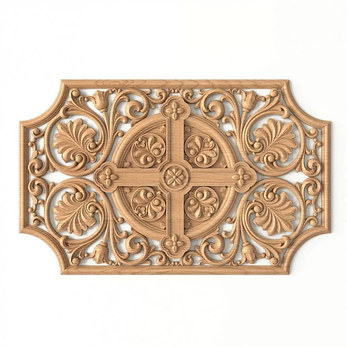 Carved inlay IKN-009 from oak &mdash; a church ornament featuring a cross and floral motifs.
