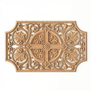 Carved inlay IKN-009 from oak &mdash; a church ornament featuring a cross and floral motifs.