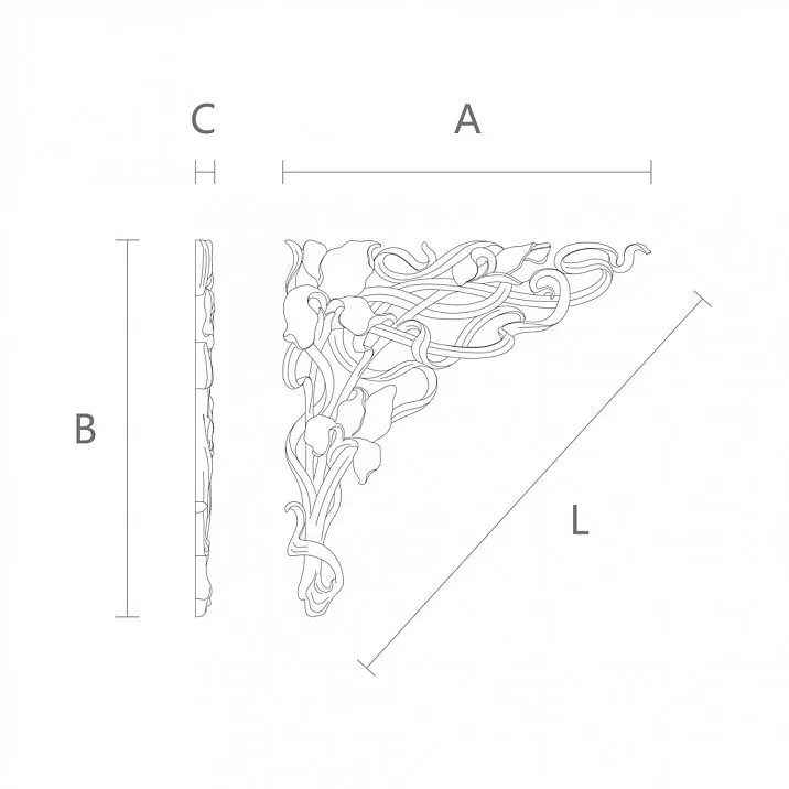 Wooden insert with classical style carving in the shape of a leaf with ornaments on a white background drawing