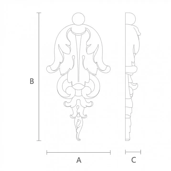 Wooden decorative applique with floral carving, drawing