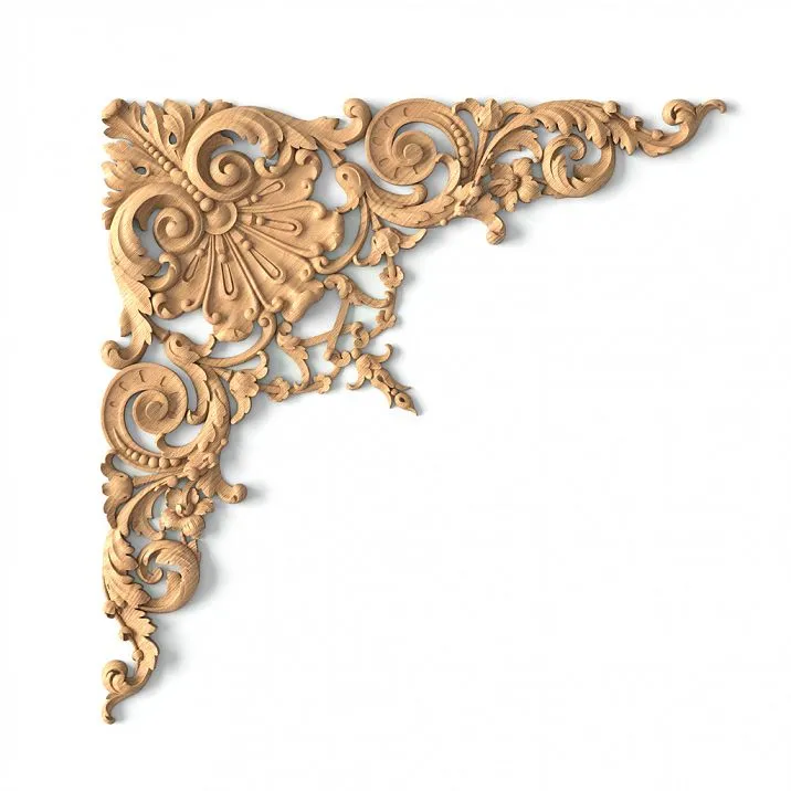 Elegant decorative overlay N-357 from wood, carved, with a symmetrical pattern of leaves and petals