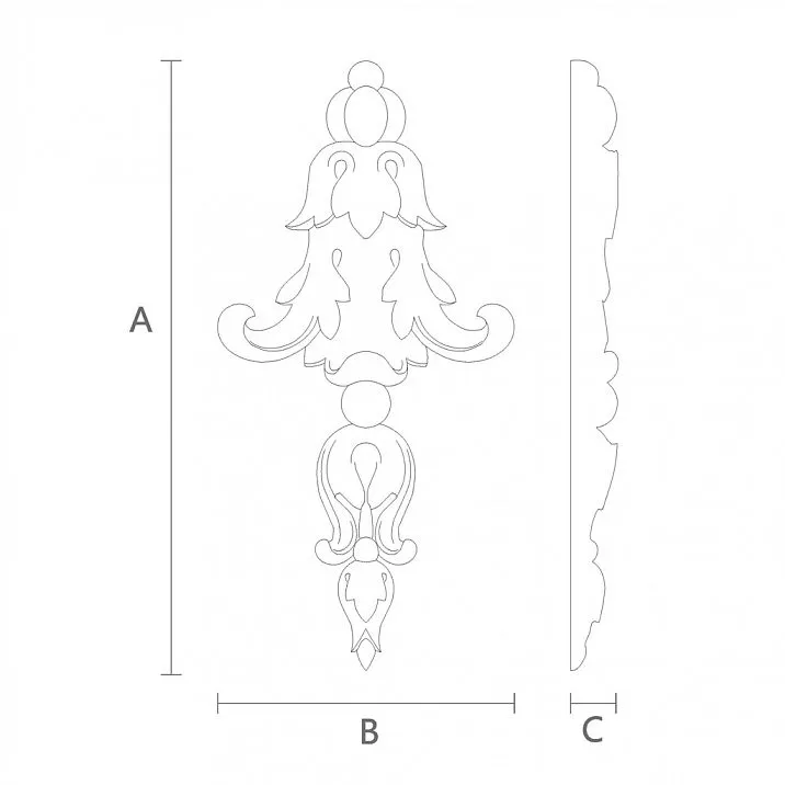 Carved wooden applique with leaf and flower pattern, applique N-371 drawing