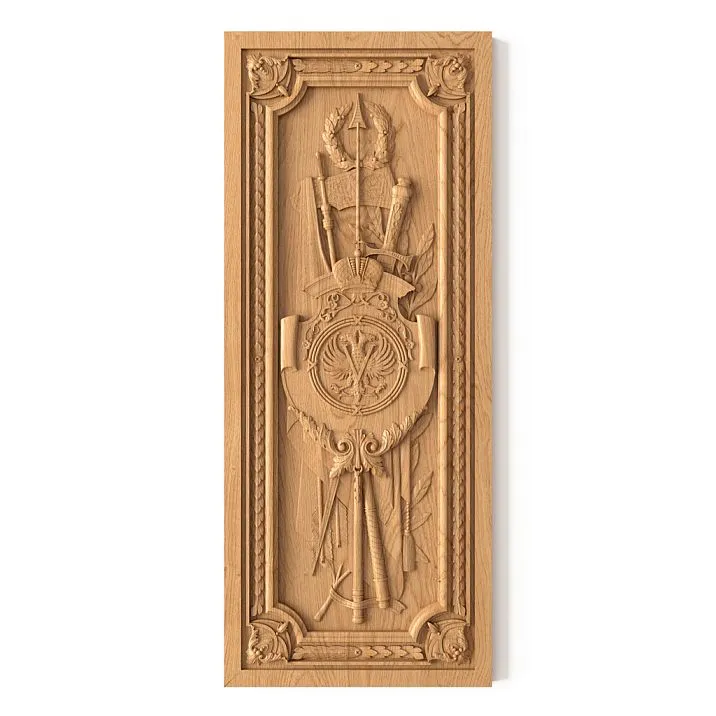 Wooden interior decor in the form of a decorative plate with a pattern of a shield, sword, spear, and arrows