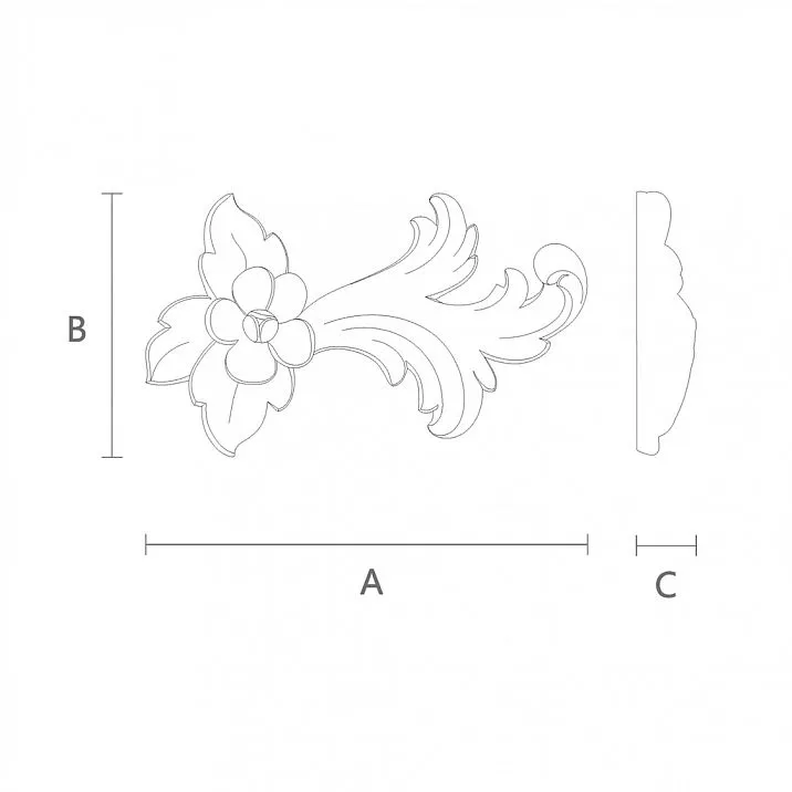 Wooden carving in the form of a branch with leaves and flowers, drawing