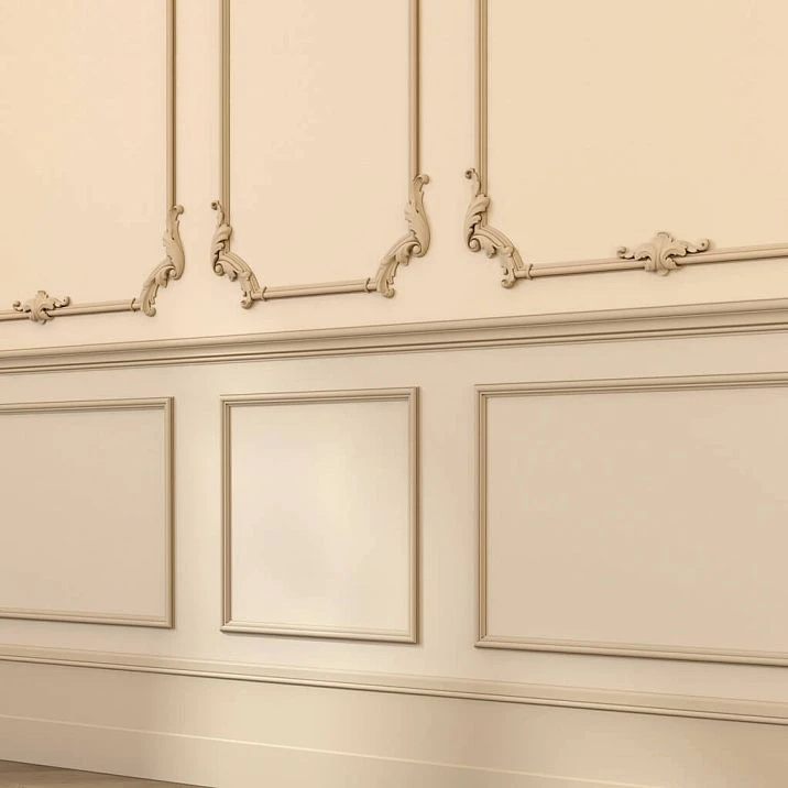 Corner decorative element MLD-4U-2.1L in a molding layout on a wall with classic carved decor