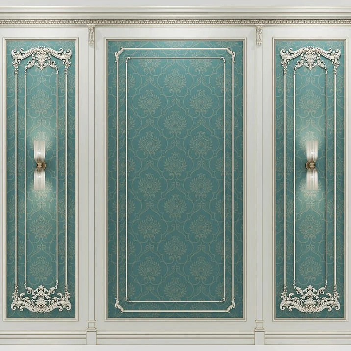 Corner decorative element MLD-4U-2.1L in classic wall panel design with moldings and carved decor