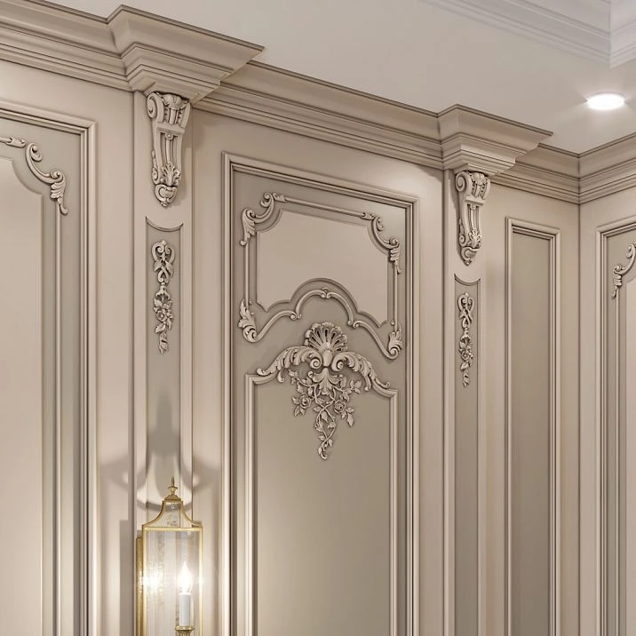 Classic interior with decorative wall panels made of polyurethane in Baroque style