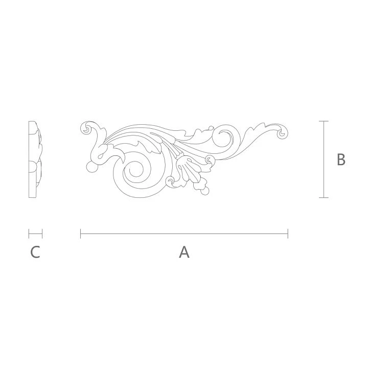 Drawing of NPU-186R decorative molding with height, width, and thickness specifications for various projects