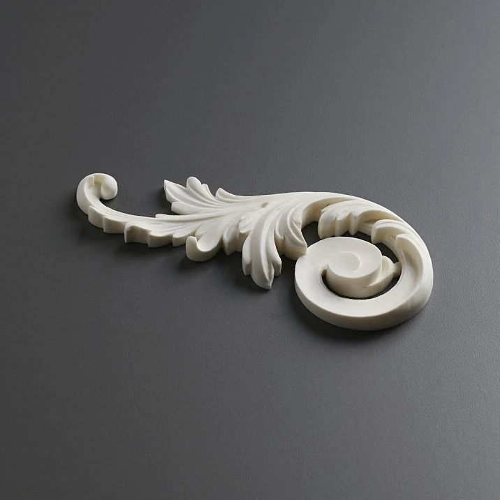 Polyurethane molded decor NPU-247L with elegant scrolls and leaf carving, 3D overlay for furniture, doors, and walls, paintable