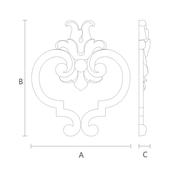 Dimensional diagram of the NPU-301 decorative applique showing width, height, and depth