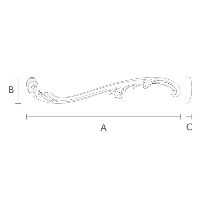 Drawing of NPU-423L molded decoration with height, width, and thickness specifications for various design solutions