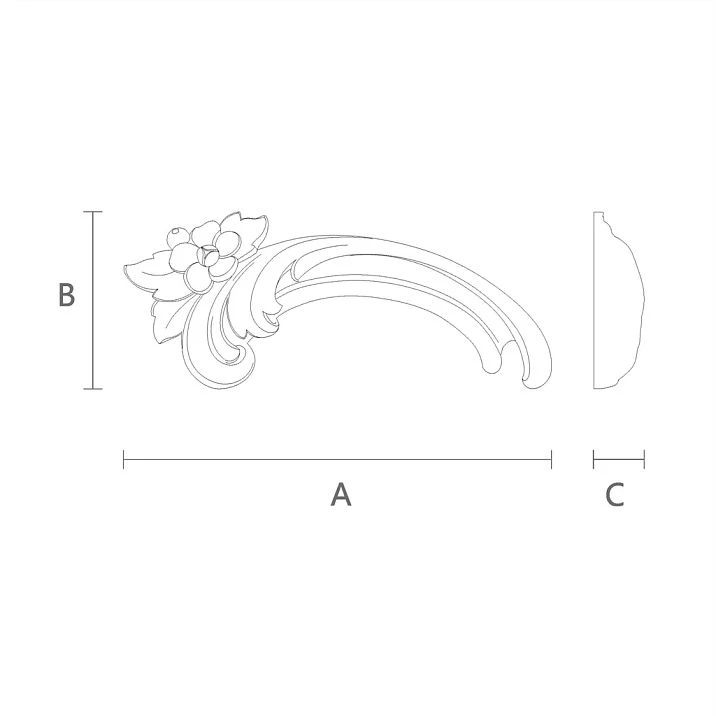 Drawing of NPU-424L molded decoration with indication of height, width, and thickness from polyurethane
