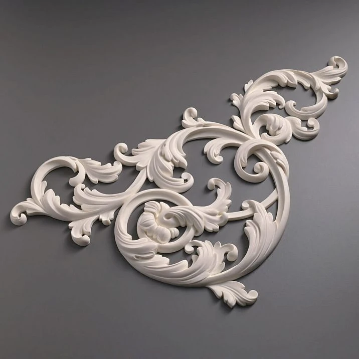 Carved polyurethane overlay NPU-440R, luxurious asymmetrical molding with scrolls. Decorative element Stavros for walls, ceilings, and furniture, paintable