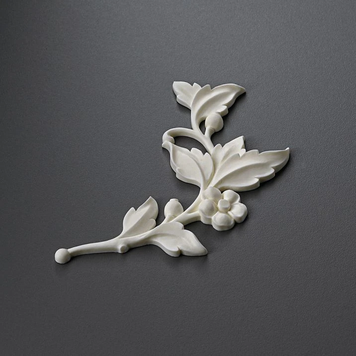 STAVROS polyurethane carved overlay NPU-471R with branch, flower, and leaves in a floral pattern for interior, right