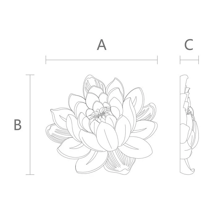 Technical drawing: "Drawing of relief decoration NPU-491: dimensions A (width), B (height), and C (thickness)
