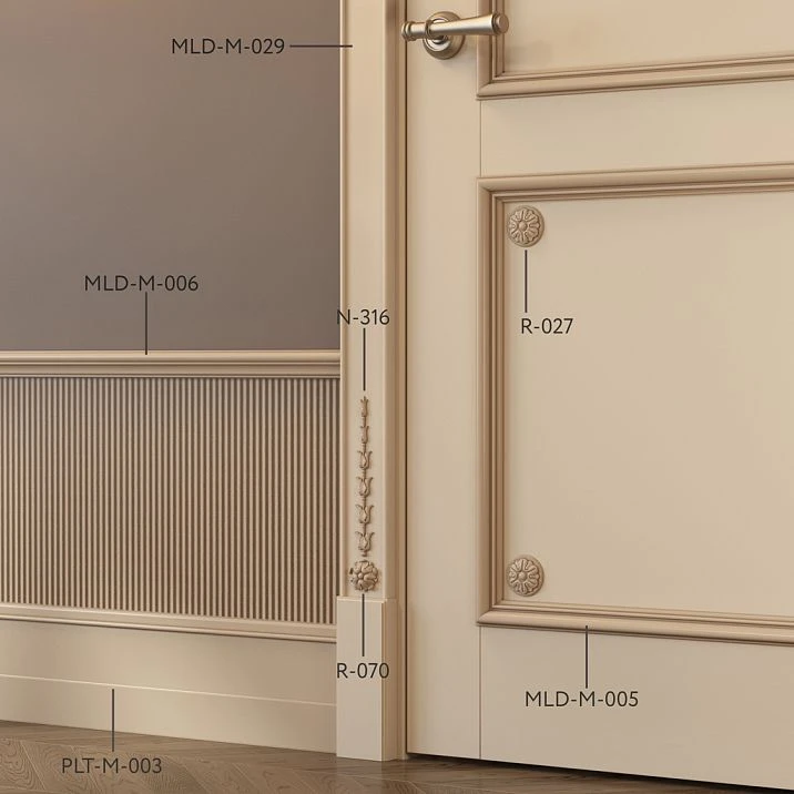 Wooden decor N-316 in interior, application of decorative elements