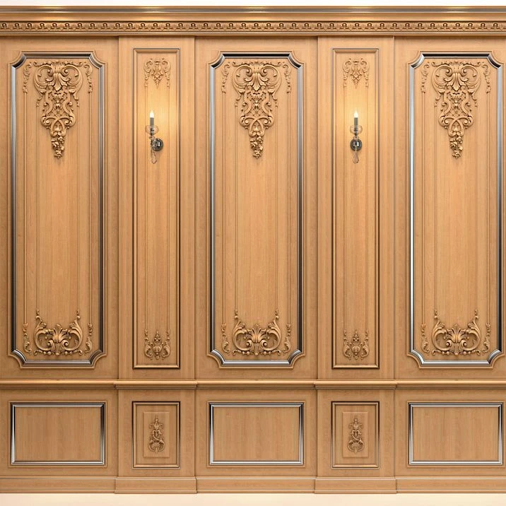 Carved wooden inlay, interior decoration with wooden decor photo
