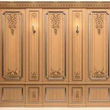 Carved wooden inlay, interior decoration with wooden decor photo