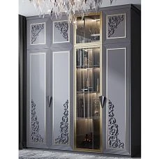 Furniture front with decorative wooden overlay featuring floral ornament