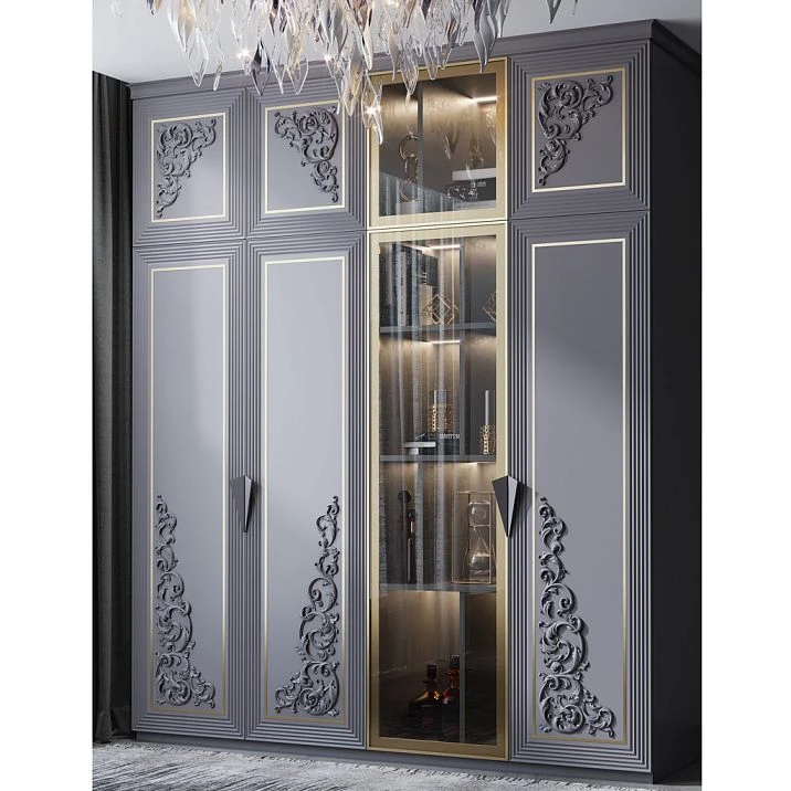 Furniture front with decorative wooden overlay featuring floral ornament
