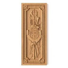 Wooden interior decor in the form of a decorative plate with a pattern of a shield, sword, spear, and arrows