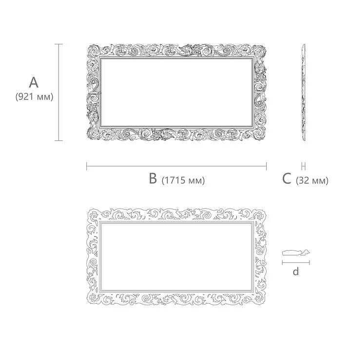 Carved wooden frame RM-014 with custom sizing diagram