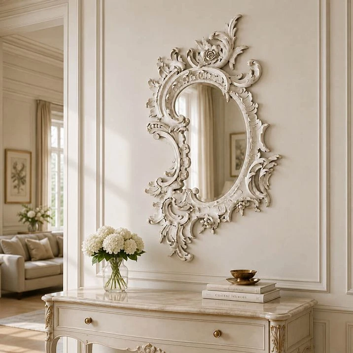 Carved frame RM-016 for a mirror in the interior of a luxury bedroom.