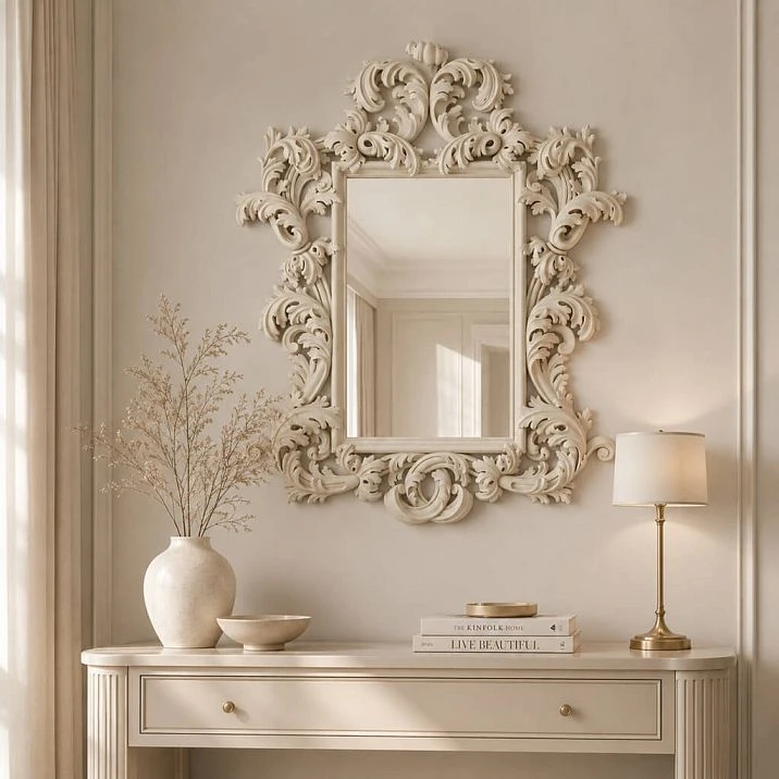Wooden frame RM-017 for a mirror in an exquisite interior.