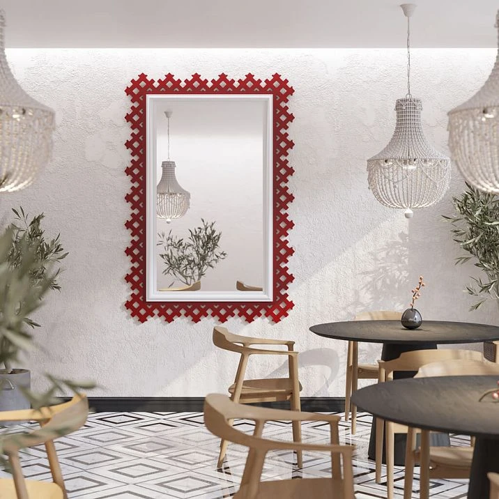Mirror frame RM-056 in an interior &mdash; a decorative frame for red enamel