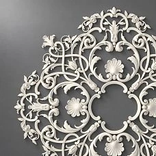 Close-up of the stucco ornament of ceiling rosette RPU.VRS-001 with shells, roses, and leaves