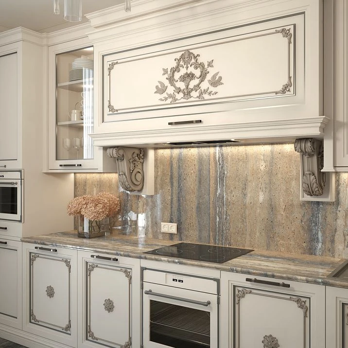 Carved Rosette R-046 in interior on kitchen facade