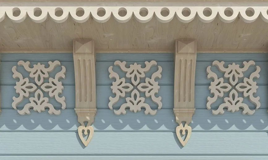 Detailed view of carved wooden overlays and brackets.