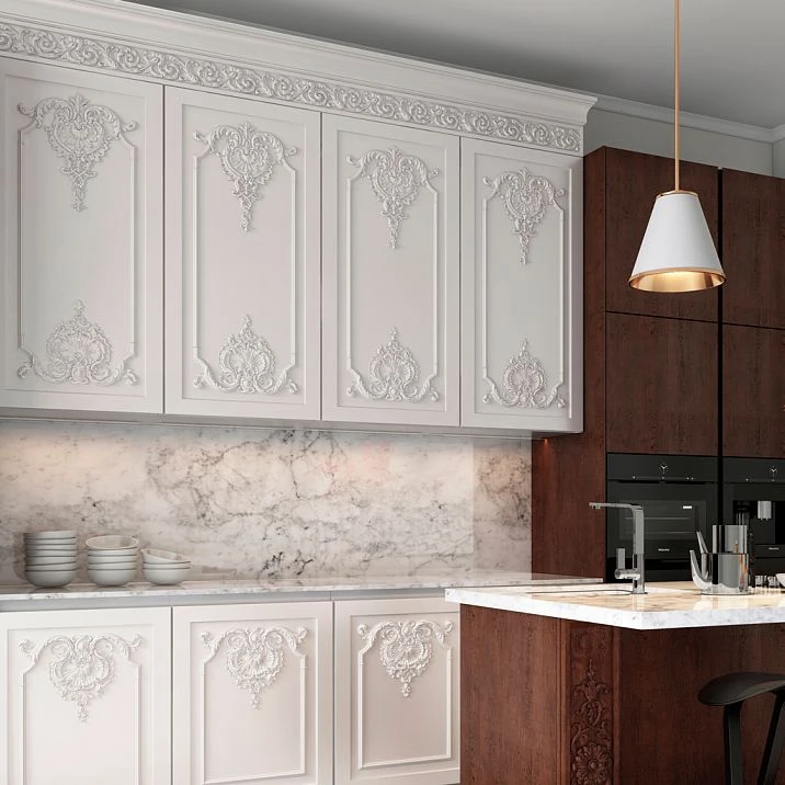 Wooden carved molding in interior on photo usage for furniture