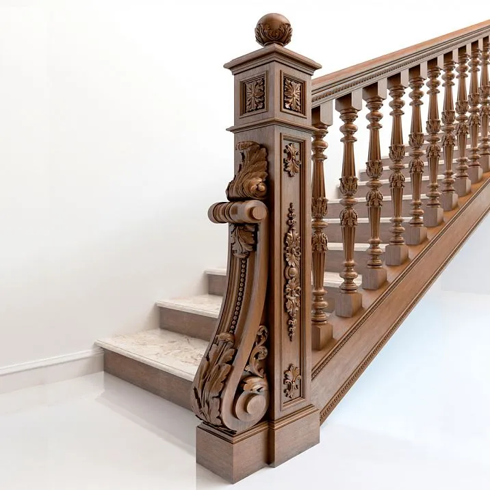 Carved bracket KR-018 from solid beech and oak, as a staircase detail