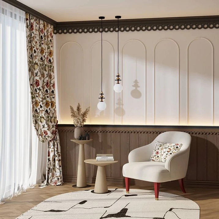 Carved pine architrave NL-14 with exquisite carving, used for decorating walls and arches in an elegant interior with white panels and chairs