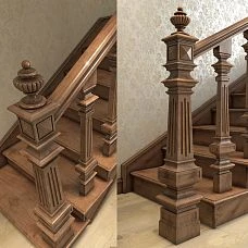 Carved posts with wooden staircase photo