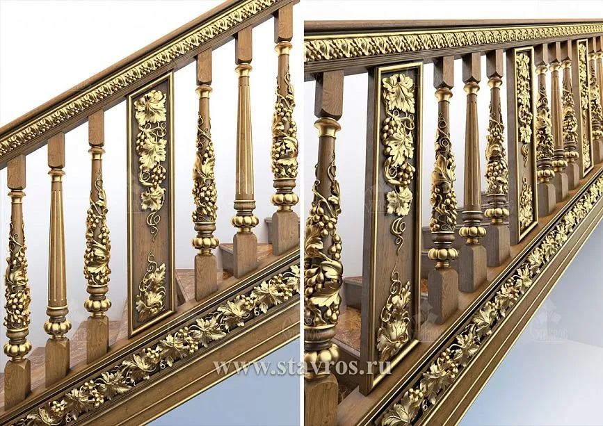 Balusters for a carved staircase, adorned with gilded elements