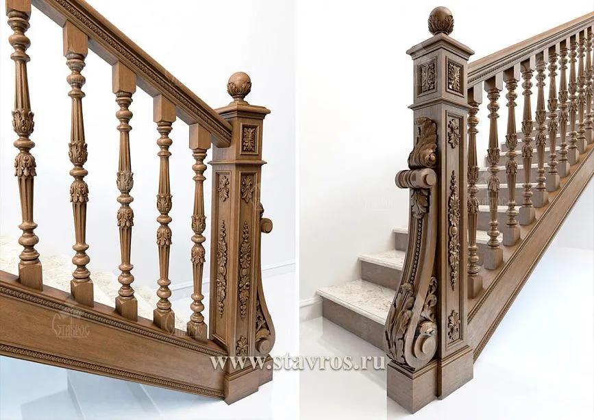 Classic staircase made of solid wood with carved elements