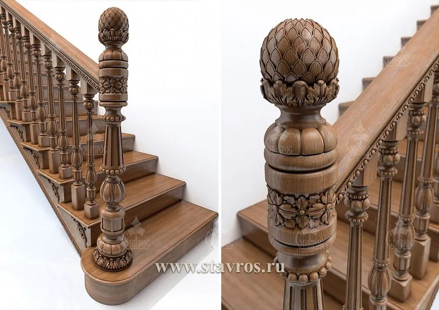 Close-up of the decorative post of staircase RLE-004 with artistic carving