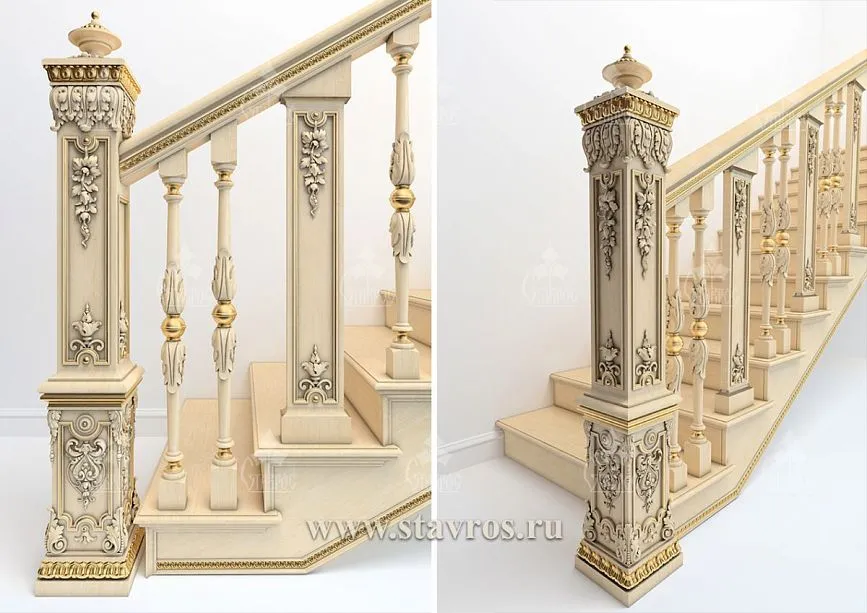 Wooden balusters for staircases with carved patterns and gilding