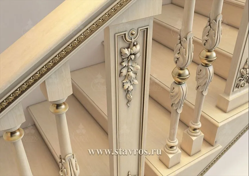 Wooden handrails and balusters with gold accents in classic style