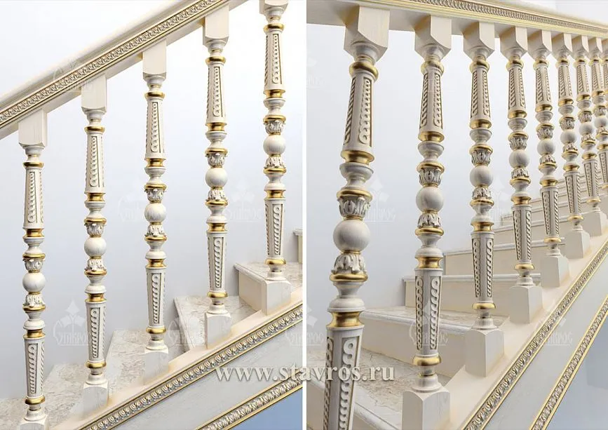 Carved balusters with gilded elements in the staircase structure RLE-010